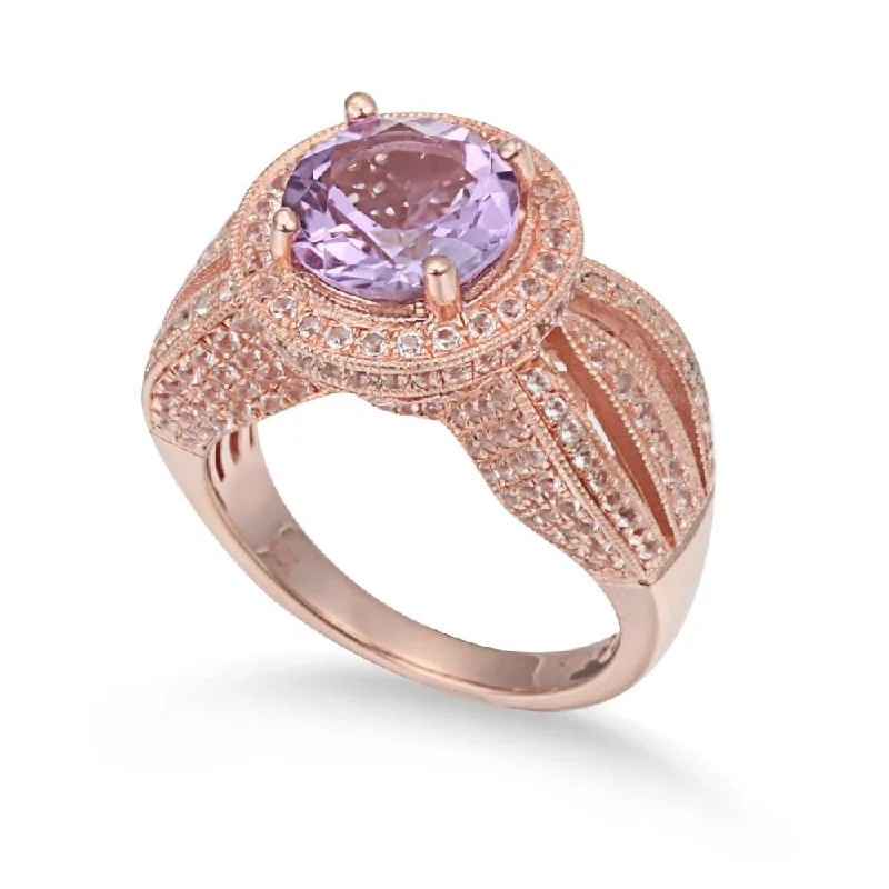 Rings with twisted rose gold band designs -Suzy Levian Sterling Silver 4.37 TCW Purple Amethyst Ring