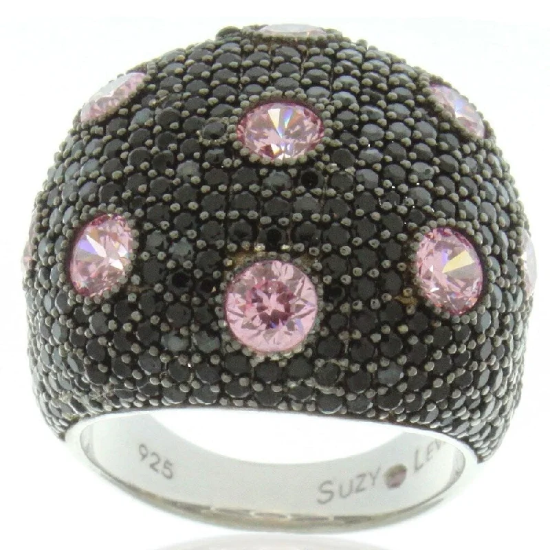 Rings with rose quartz for soft romance -Suzy Levian Sterling Silver Black and Pink Cubic Zirconia Pave Oversized Dome Ring