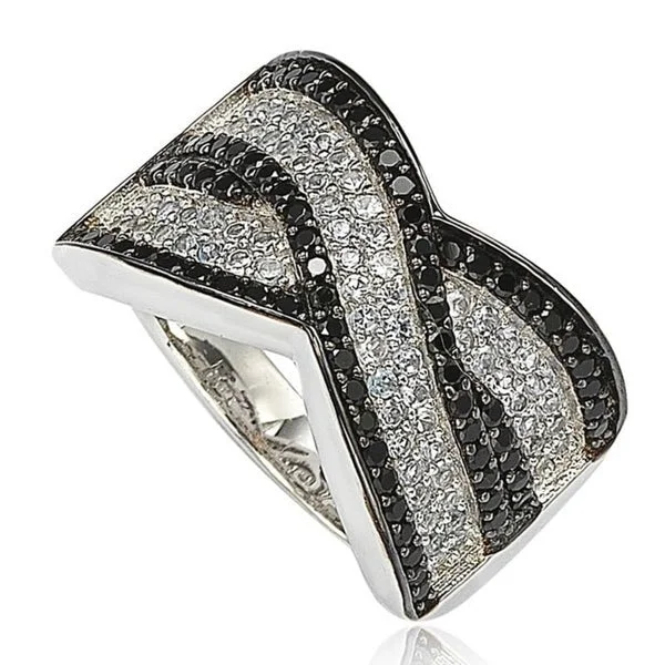 Rings with pave-set gemstones for brilliance -Suzy Levian Sterling Silver Black Cubic Zirconia Micro Pave Crossover 'X' Ring