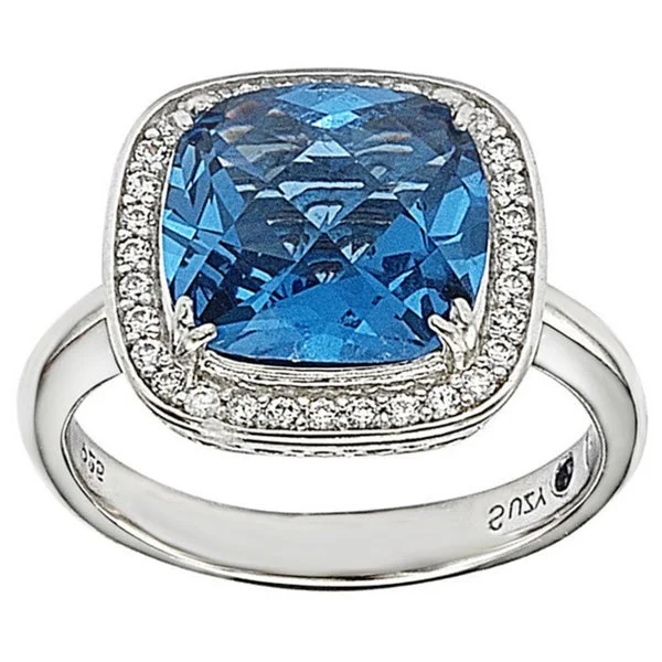 Rings with etched floral bands for detail -Suzy Levian Sterling Silver Blue and White Cubic Zirconia Halo Ring