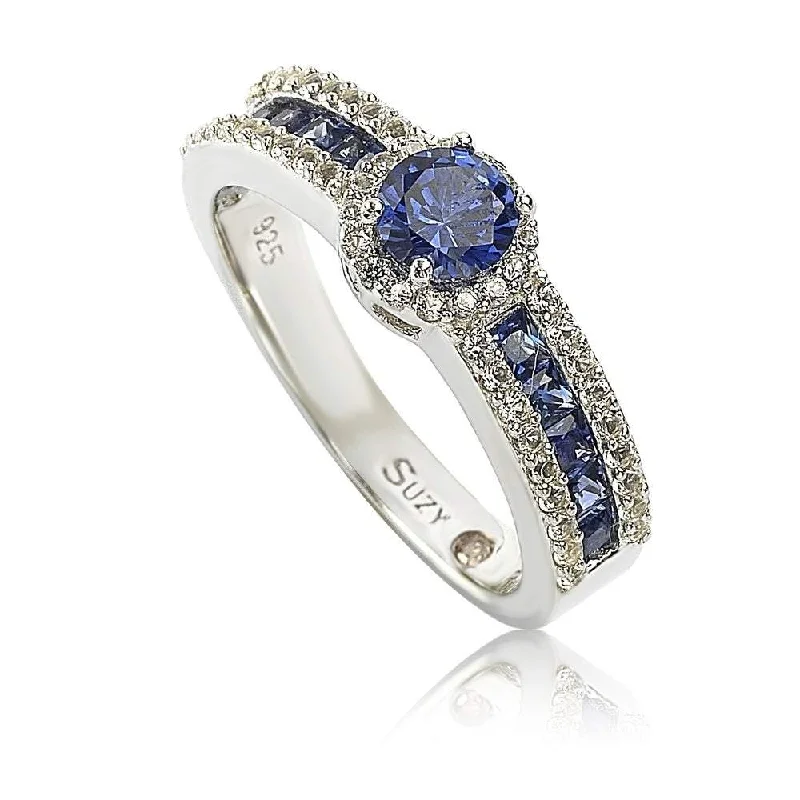 Engagement rings with classic solitaire ruby stones -Suzy Levian Sterling Silver Blue Sapphire & Diamond Accent Princess-Cut Bridal Ring