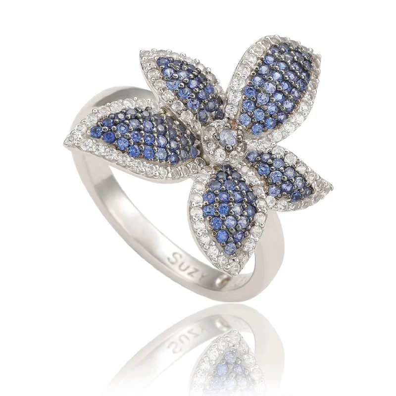 Gold rings with intricate celtic knot patterns -Suzy Levian Sterling Silver Blue Sapphire & White Sapphire Flower Ring