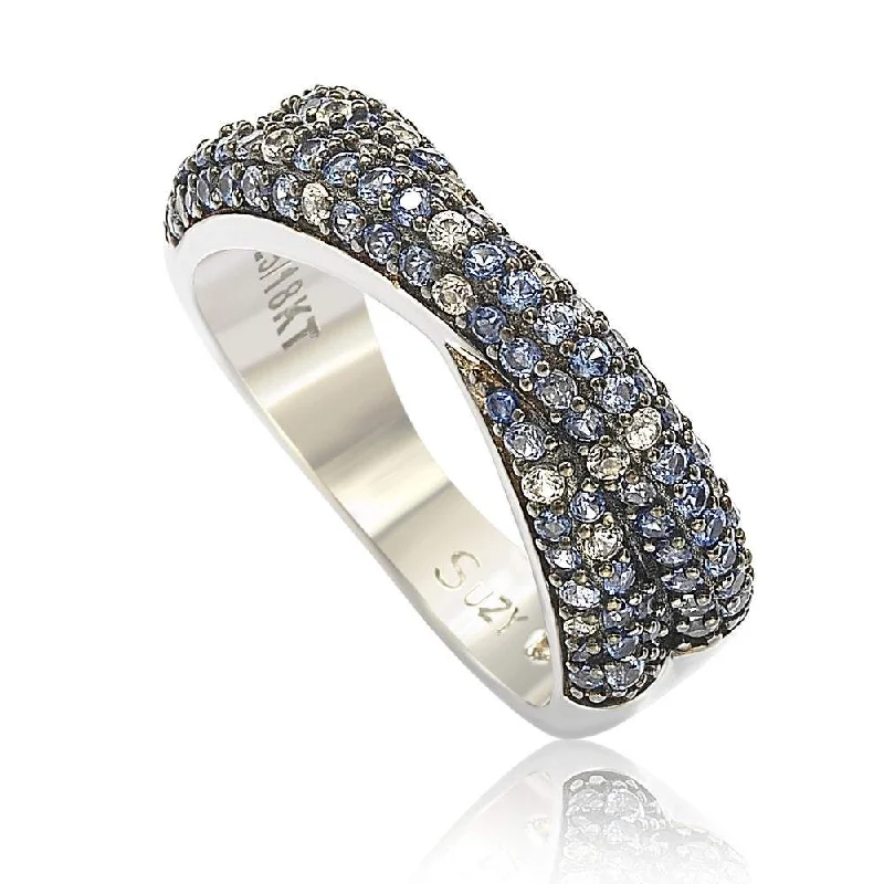 Dainty rings with subtle engraved star motifs -Suzy Levian Sterling Silver Blue & White Sapphire & Diamond Accent Petite Pave Crossover Ring