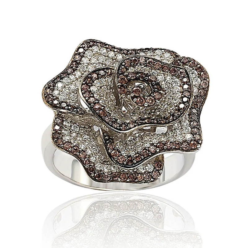 Rings with bezel-set peridot for safety -Suzy Levian Sterling Silver Brown and White Cubic Zirconia Pave Flower Ring