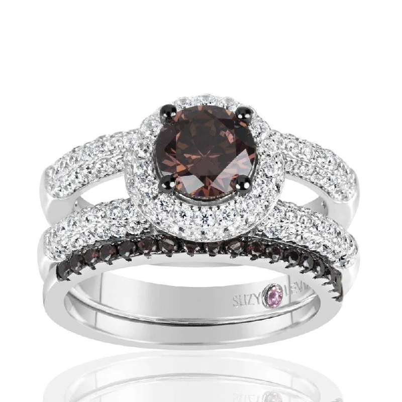 Rings with adjustable bands for perfect fit -Suzy Levian Sterling Silver Brown Chocolate and White Cubic Zirconia 2-Piece Engagement Ring