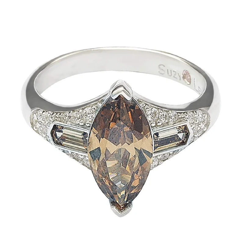 Rings with delicate filigree sapphire settings -Suzy Levian Sterling Silver Brown Cubic Zirconia Marquise Ring