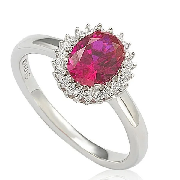 Rings with star sapphire for unique glow -Suzy Levian Sterling Silver Created Ruby Cubic Zirconia Halo Ring