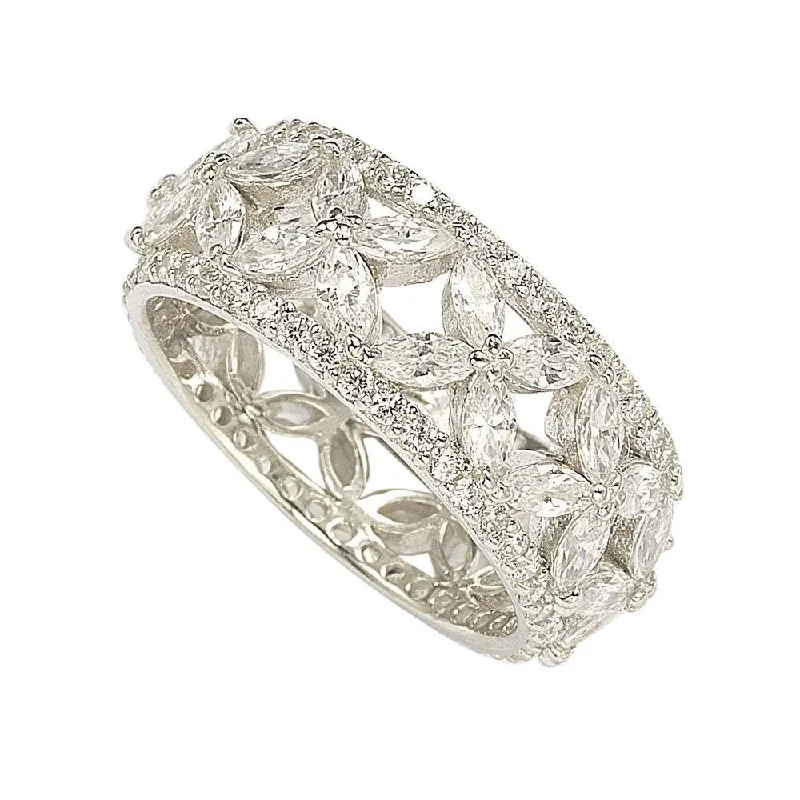 Rings with oxidized bands for vintage edge -Suzy Levian Sterling Silver Cubic Zirconia Floral Eternity Band