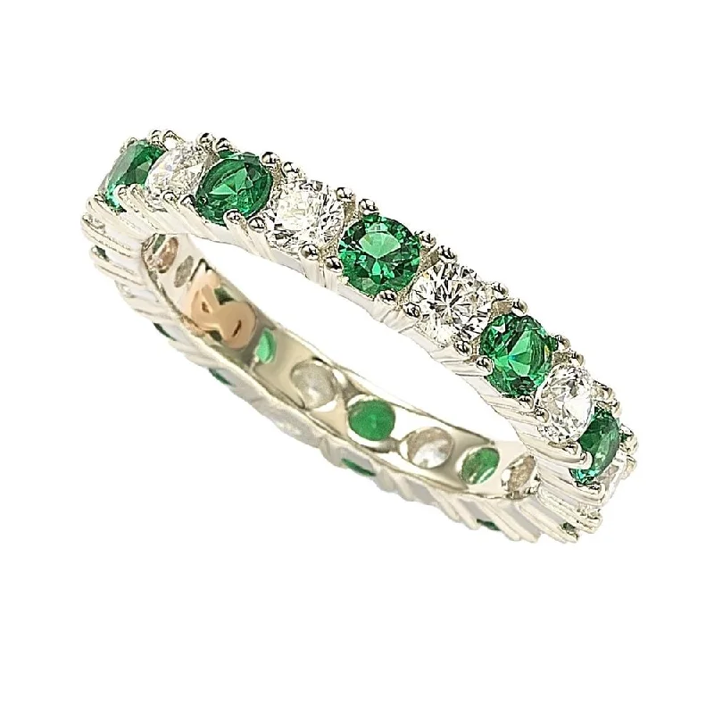 Sterling silver rings with vibrant turquoise stones -Suzy Levian Sterling Silver Cubic Zirconia Green Emerald Alternating Eternity Band