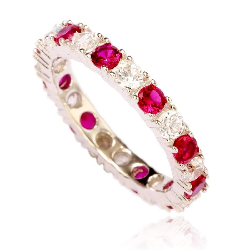 Rings with peridot gems for fresh green -Suzy Levian Sterling Silver Cubic Zirconia Ruby Red Alternating Eternity Band