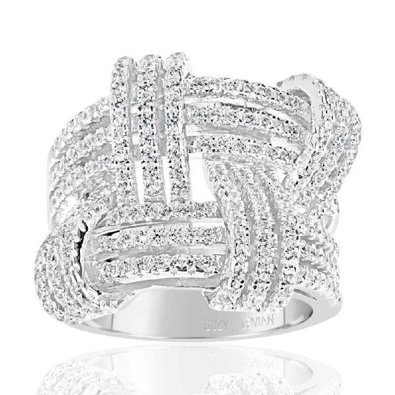 Dainty rings with subtle engraved star motifs -Suzy Levian Sterling Silver Cubic Zirconia Weaving Wide Band Ring