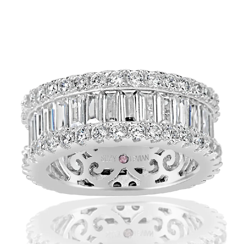 Rings with knot motifs for symbolic love -Suzy Levian Sterling Silver Cubic Zirconia White Baguette and Round Wide Eternity Band