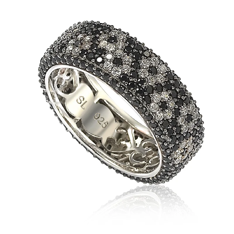 Rings with smoky quartz for muted elegance -Suzy Levian Sterling Silver Cubic Zirconia White & Black Pave Flower Eternity Band Ring