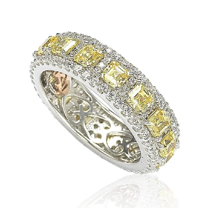 Rings with coral stones for vibrant pop -Suzy Levian Sterling Silver Cubic Zirconia Yellow and White Modern Eternity Band