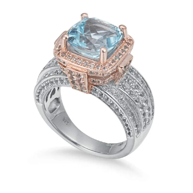 Statement rings with large geometric opal gems -Suzy Levian Sterling Silver Cushion 6.5 cttw Blue and White Topaz Ring