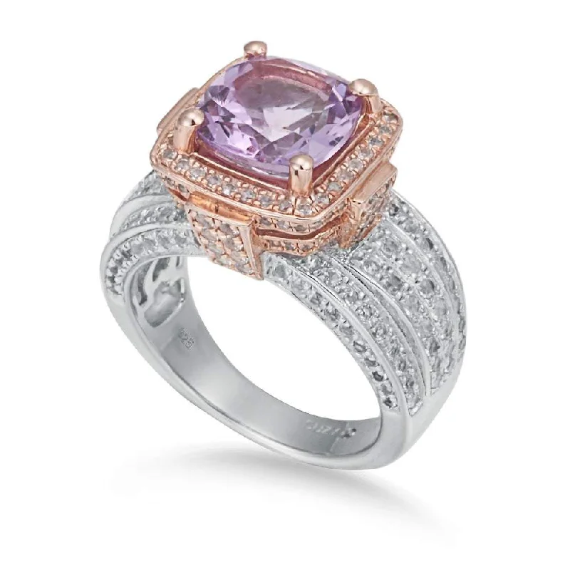 Rings with etched floral bands for detail -Suzy Levian Sterling Silver Cushion Purple Amethyst 5.05 cttw Ring