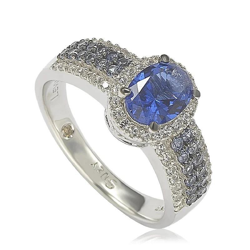 Rings with double bands for modern twist -Suzy Levian Sterling Silver Oval-Cut Sapphire and Diamond Accent Anniversary Ring