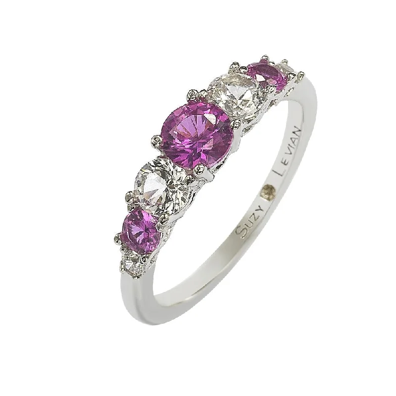 Rings with shield-shaped stones for boldness -Suzy Levian Sterling Silver Pink Sapphire & Diamond Accent 1.75cttw 7-Stone Ring