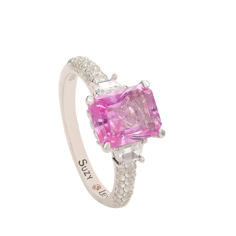 Rings with polished tourmaline for vibrant shine -Suzy Levian Sterling Silver Pink Sapphire & Diamond Accent 3cttw Emerald Cut Bridal Ring