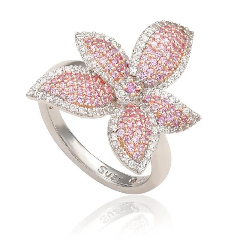 Rings with natural amber for warm glow -Suzy Levian Sterling Silver Pink Sapphire & White Sapphire Flower Ring