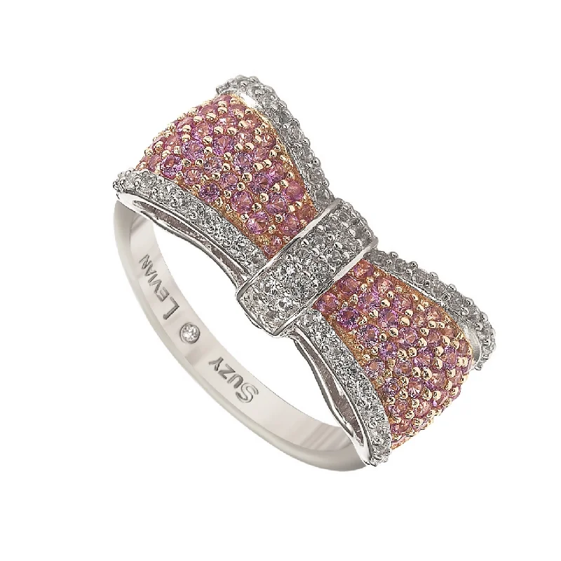 Rings with polished opal for iridescent beauty -Suzy Levian Sterling Silver Pink & White Sapphire & Diamond Accent Bow Ring