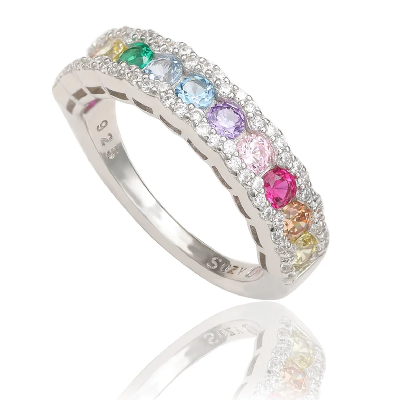 Rings with spiral designs for eye-catching twist -Suzy Levian Sterling Silver Rainbow Cubic Zirconia Eternity Half Band