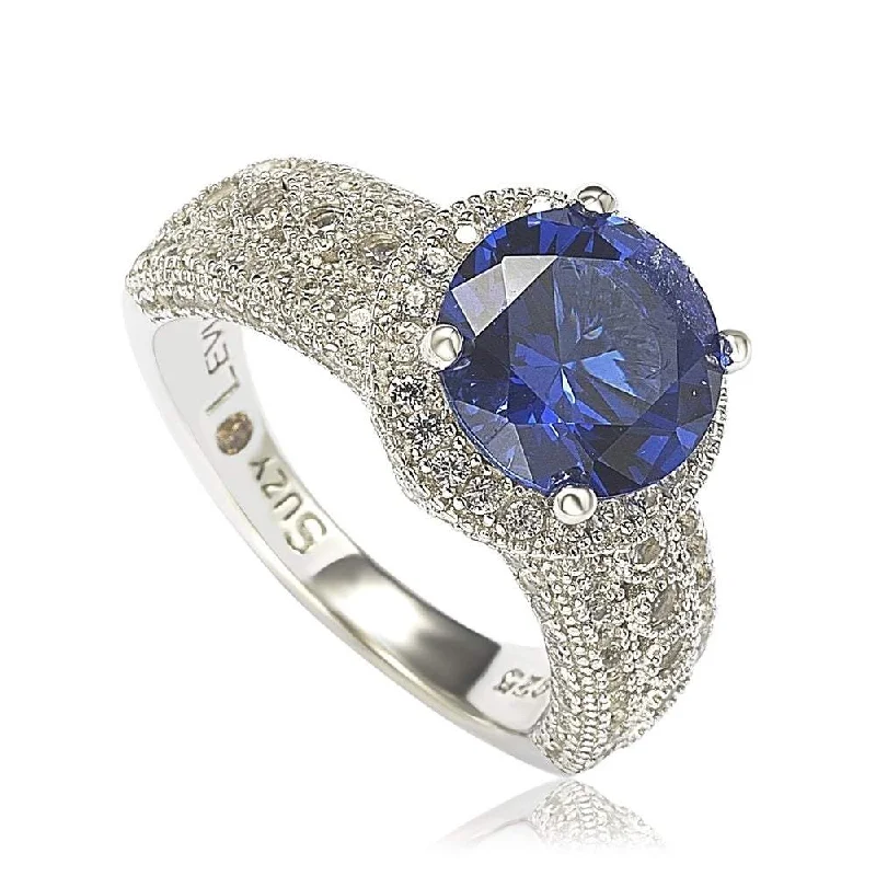 Rings with labradorite stones for mystic flash -Suzy Levian Sterling Silver Round-Cut Blue Sapphire & Diamond Accent Ring