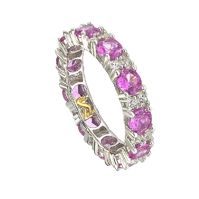 Vintage rings with engraved floral band designs -Suzy Levian Sterling Silver Round Cut Pink Sapphire and Diamond Accent Eternity Band