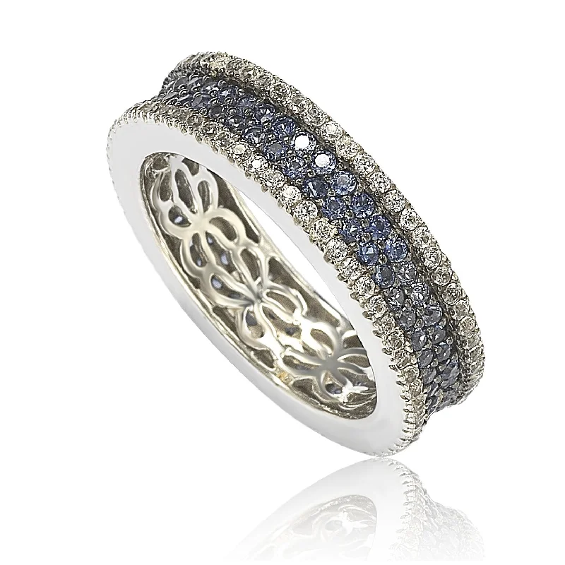 Rings with infinity loops for timeless love -Suzy Levian Sterling Silver Sapphire and Diamond Accent Pave Eternity Band