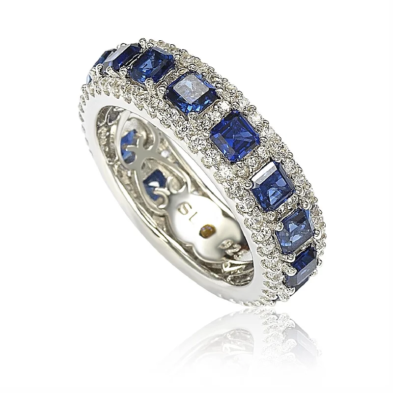 Rings with polished jade for smooth calm -Suzy Levian Sterling Silver Sapphire and Diamond Modern Eternity Band