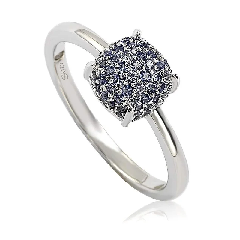 Rings with floral halo diamond arrangements -Suzy Levian Sterling Silver Sapphire & Diamond Accent Pave Ball-Top Ring - Blue