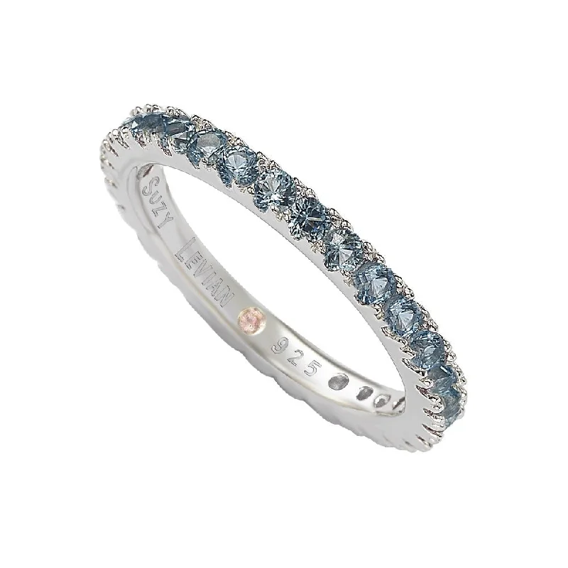 Sterling silver rings with vibrant turquoise stones -Suzy Levian Sterling Silver Thin Aqua Cubic Zirconia Eternity Band