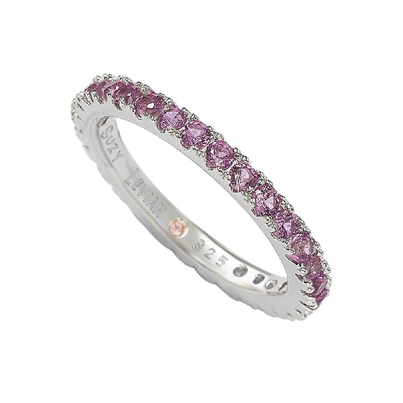 Rings with faceted garnet for deep shine -Suzy Levian Sterling Silver Thin Pink Cubic Zirconia Eternity Band