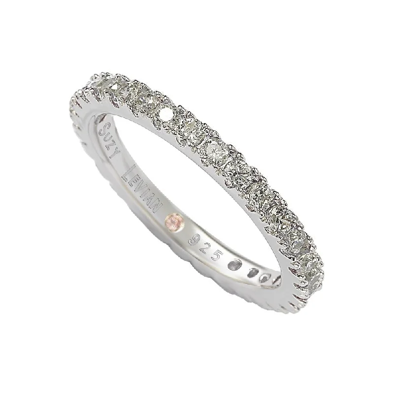 Rings with blue quartz for cool tones -Suzy Levian Sterling Silver Thin White Cubic Zirconia Eternity Band