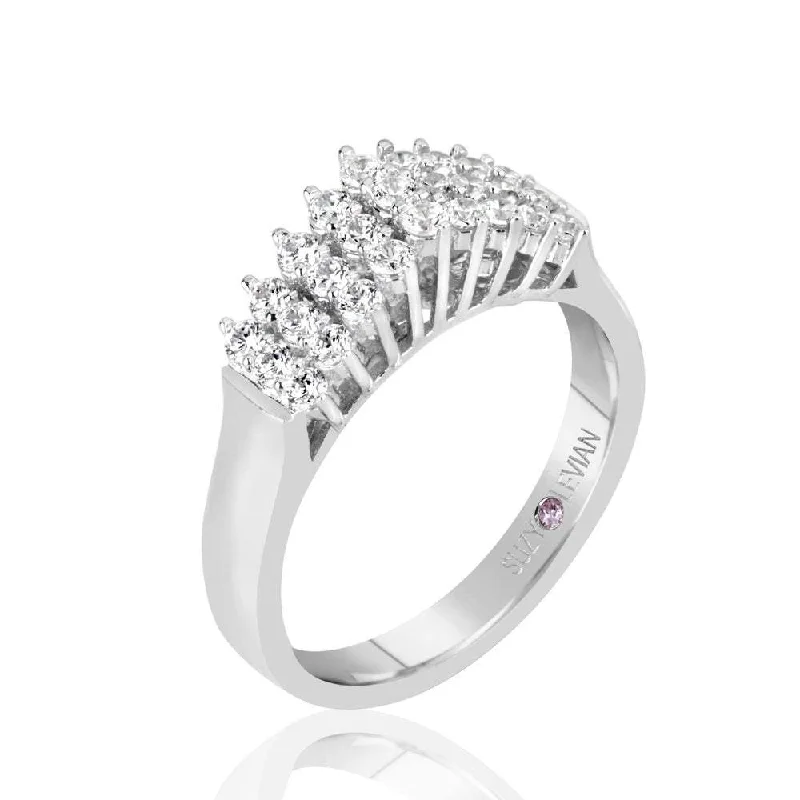 Rings with pink sapphire for delicate charm -Suzy Levian Sterling Silver White Cubic Zirconia 3-Row Ring