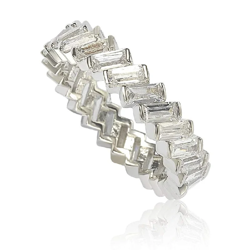 Rings with sunstone gems for fiery sparkle -Suzy Levian Sterling Silver White Cubic Zirconia Bagguette Eternity Band