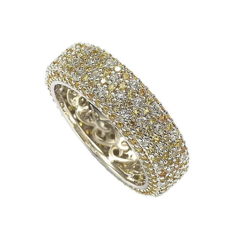 Rings with infinity loops for timeless love -Suzy Levian Sterling Silver Yellow Sapphire and Diamond Accent Eternity Pave Ring