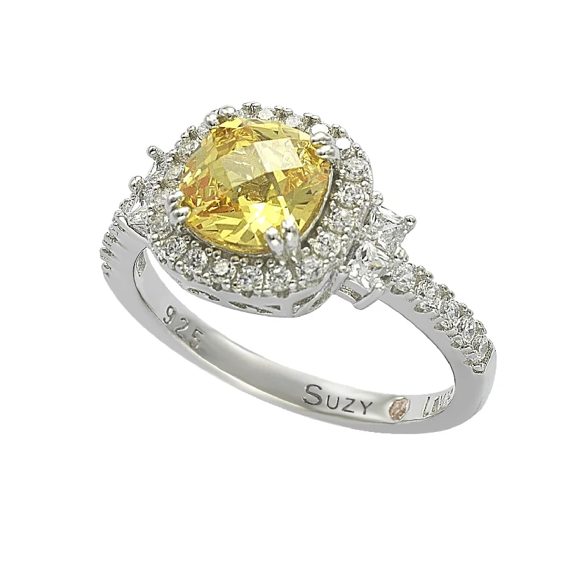 Rings with crescent moon for lunar charm -Suzy Levian Sterling Silver Yellow & White Cubic Zirconia Engagement Ring