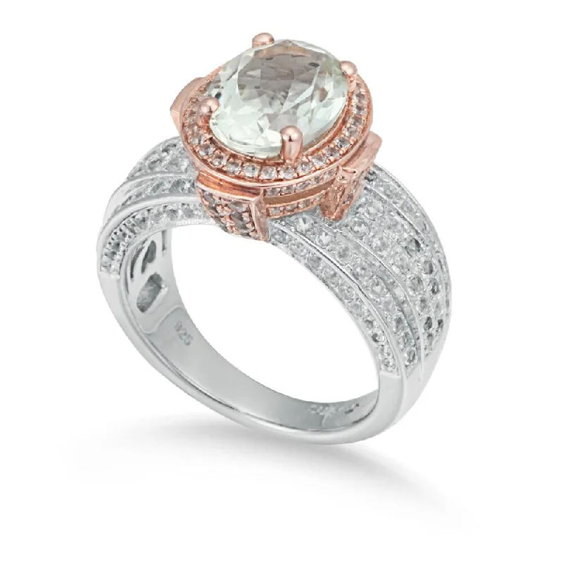 Chunky rings with hammered gold band texture -Suzy Levian Two-Tone Sterling Silver 4.73 cttw Green Amethyst Ring