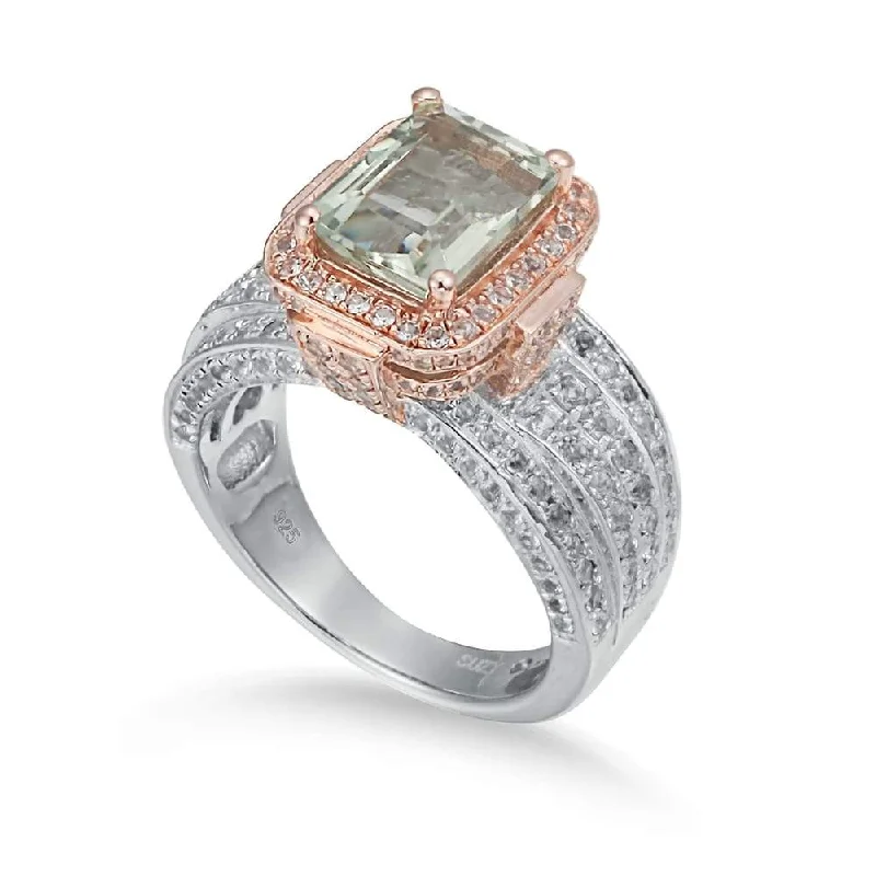 Rings with herkimer diamonds for raw clarity -Suzy Levian Two-Tone Sterling Silver 5.18 cttw Green Amethyst Ring