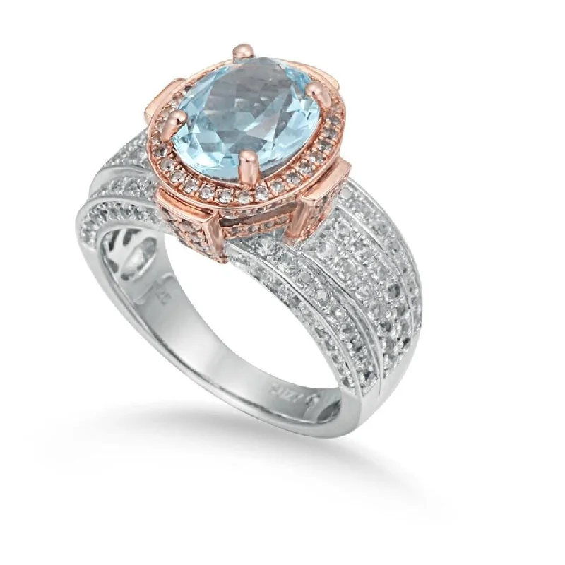 Rings with bold ruby stones for drama -Suzy Levian Two- Tone Sterling Silver 5.56 TCW Blue Topaz Ring