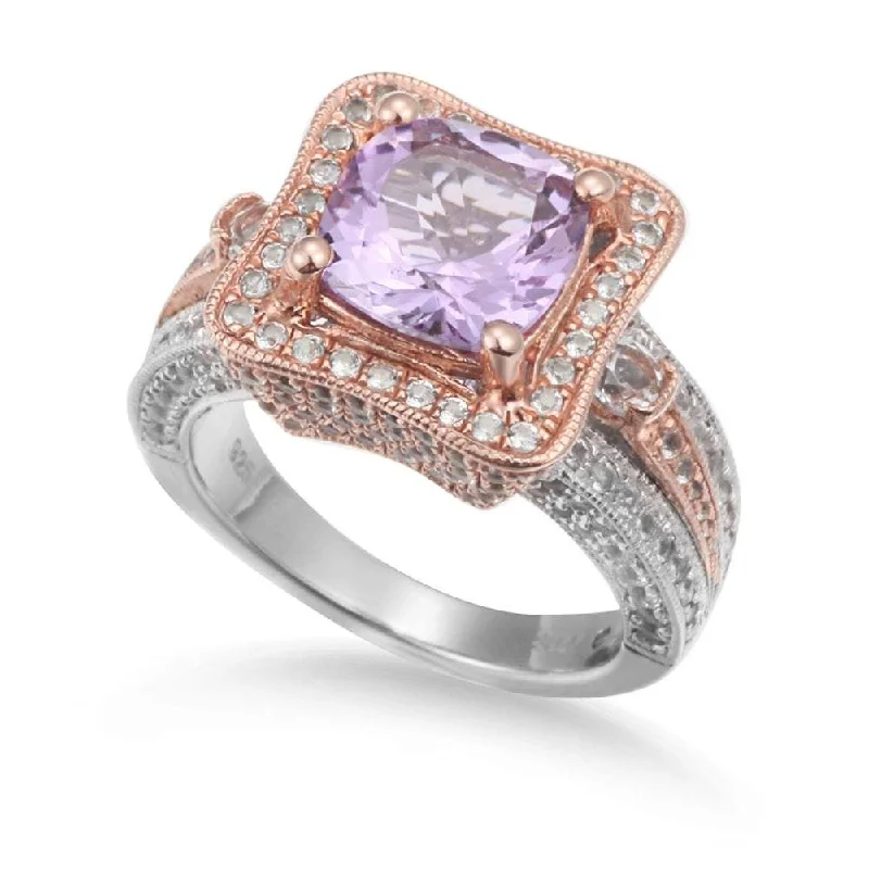 Rings with raw citrine for sunny charm -Suzy Levian Two-Tone Sterling Silver 5.57 cttw Cushion Cut Purple Amethyst Ring