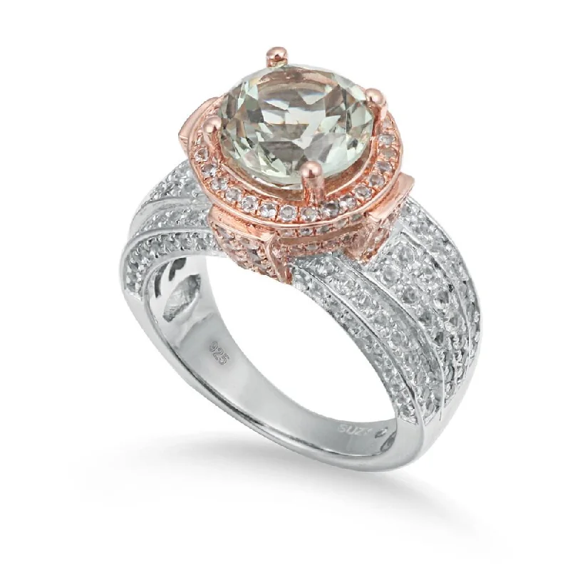 Rings with herkimer diamonds for raw clarity -Suzy Levian Two-Tone Sterling Silver Round 5.01 cttw Green Amethyst Ring