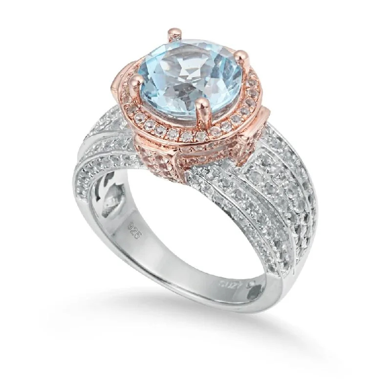 Rings with coral stones for vibrant pop -Suzy Levian Two-Tone Sterling Silver Round 5.71 cttw Blue Topaz Ring