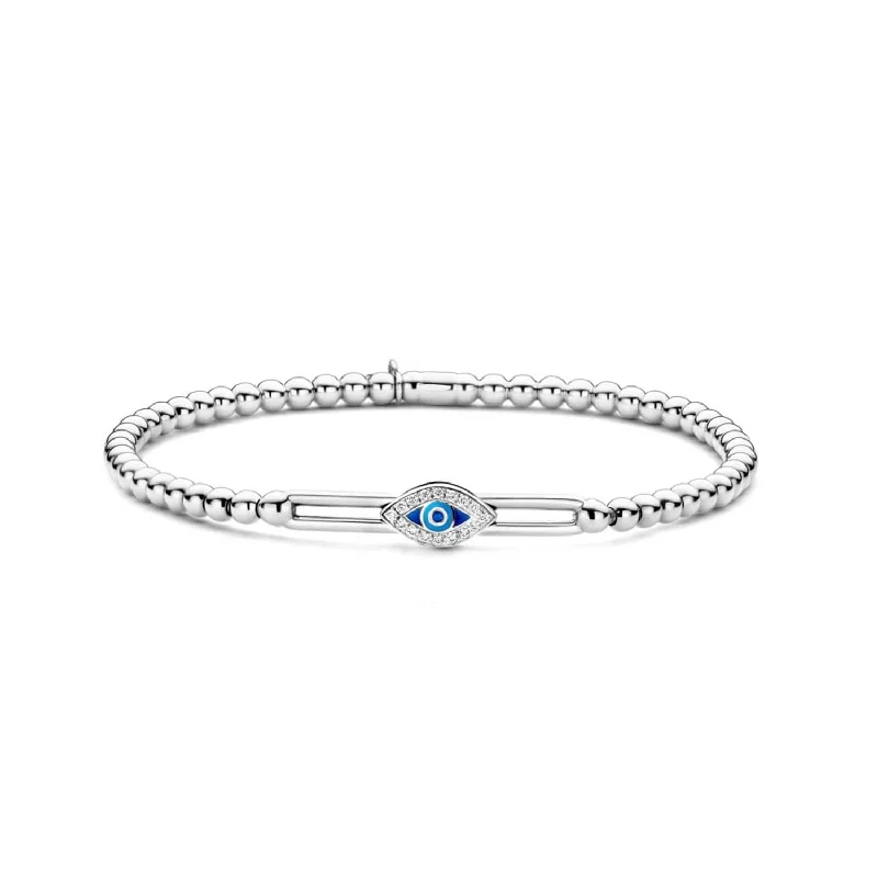 Best bangle bracelets with durable enamel finishes for long-lasting wear and vibrant colors-0.09ctw, Evil Eye Tresore Stretch Bracelet in White Gold