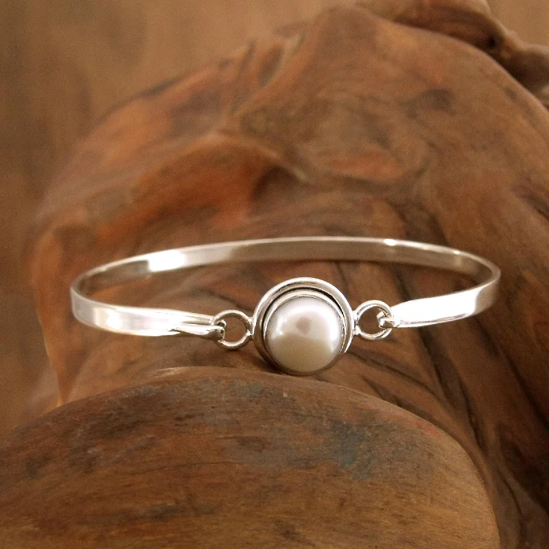 Best bangle bracelets with engraved floral patterns for a delicate and elegant design-Aesthetic Moon Pearl Bangle Bracelet