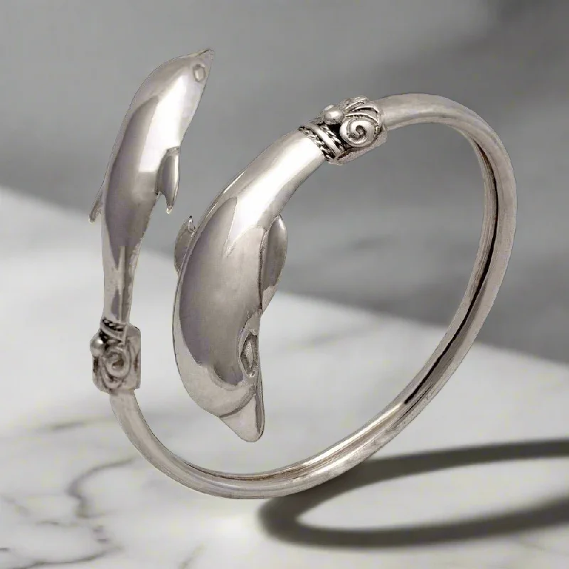 Best silver bangle bracelets with intricate detailing for a timeless and sophisticated style-Two Headed Minoan Dolphins Torc Bangle, Minoan Bracelet