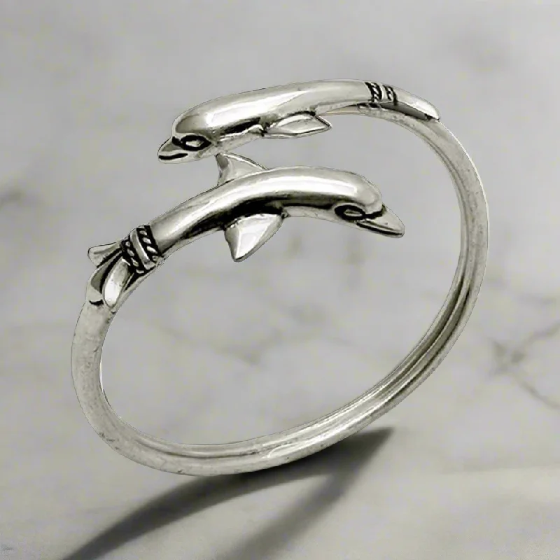 Best bangle bracelets with durable enamel finishes for long-lasting wear and vibrant colors-Two Headed Minoan Dolphins Torc Bangle in Sterling Silver (B-81)