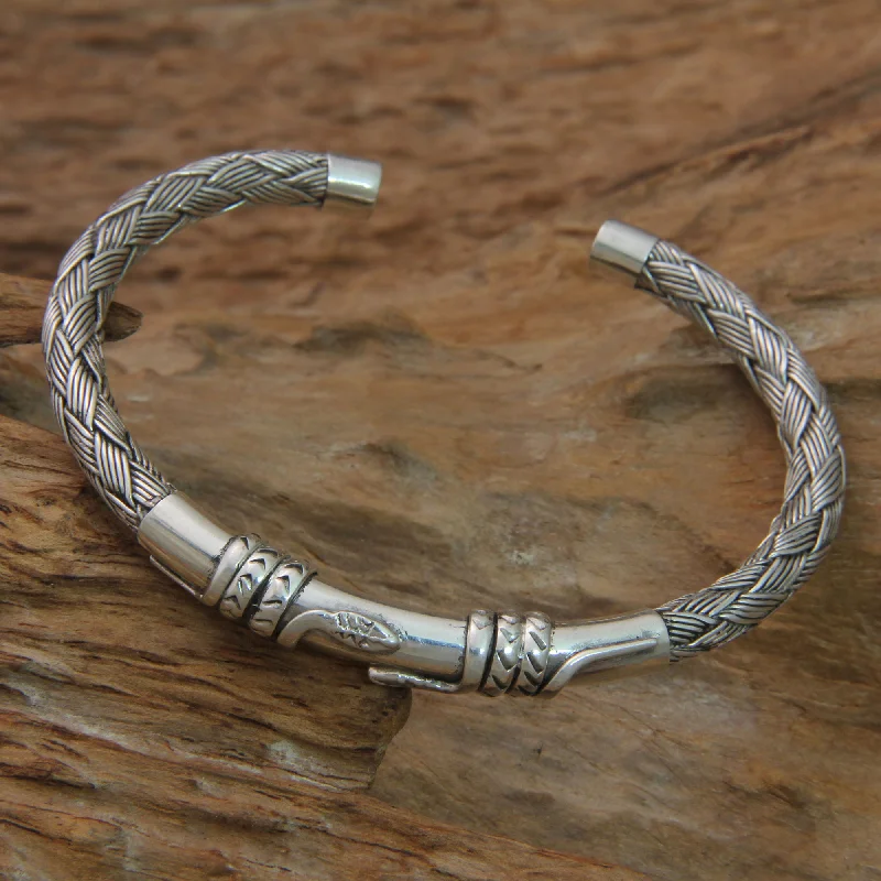 Best bangle bracelets with natural wood for a unique and earthy aesthetic-Balinese Serpents Snake Themed Sterling Silver Cuff Bracelet from Bali