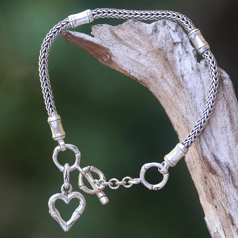 Best bangle bracelets with stacked designs for a trendy and fashionable look-Bamboo Heart Balinese Bamboo Motif Sterling Silver Heart Charm Bracelet